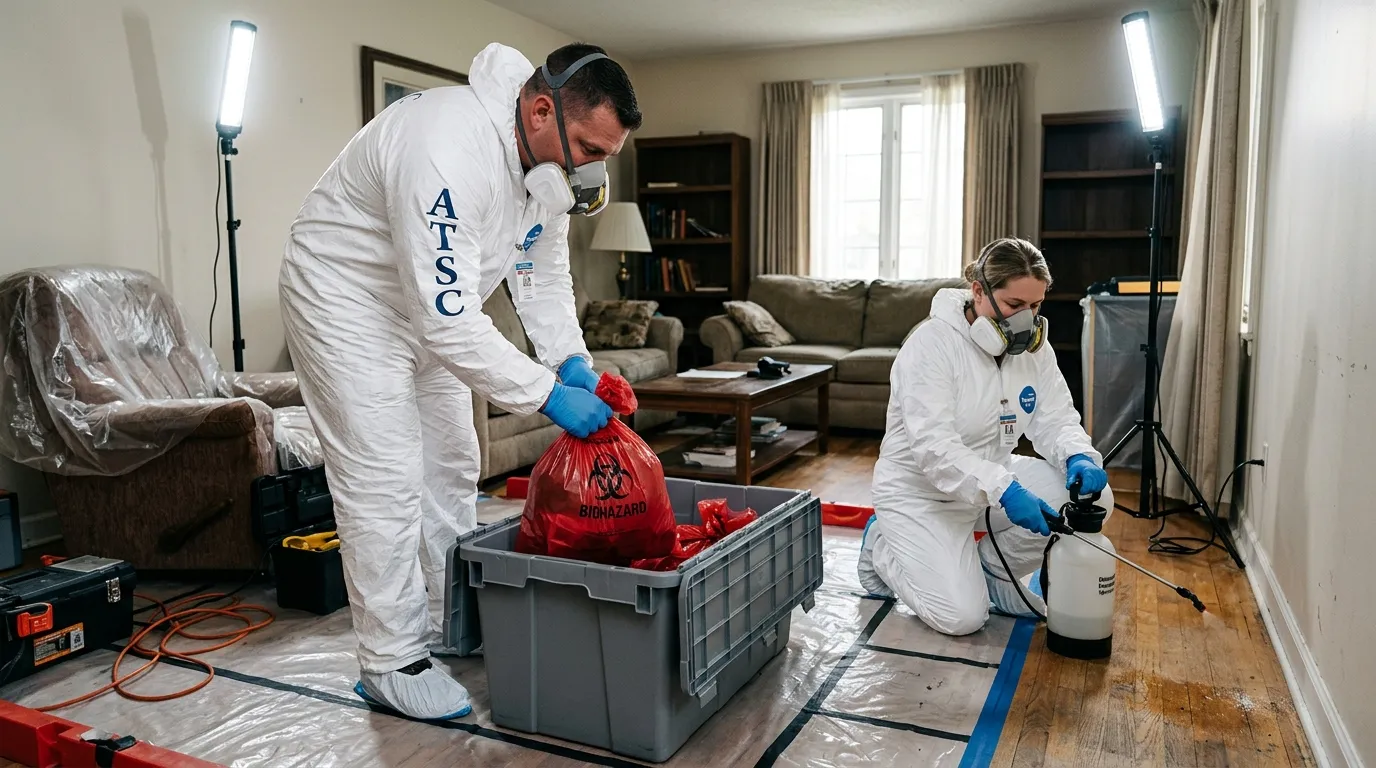 Professional Hazmat Cleanup technician in full PPE working in Park Hills